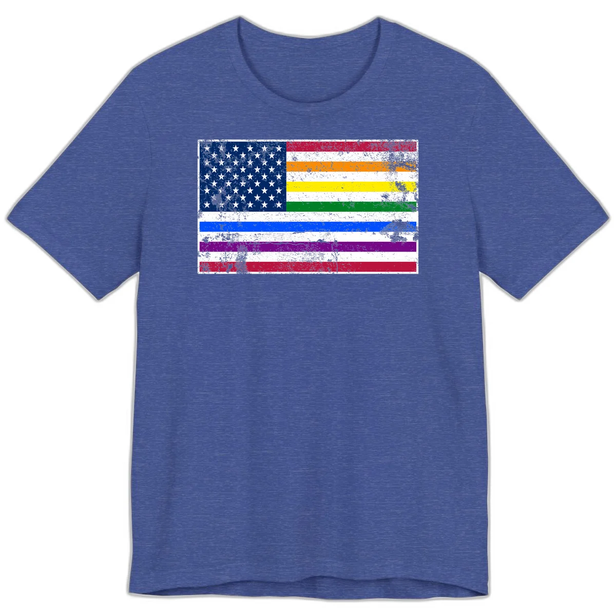 Distressed progress pride American flag design featuring traditional stars and stripes combined with rainbow pride colors representing LGBTQ+ inclusion and patriotism in Heather True Royal