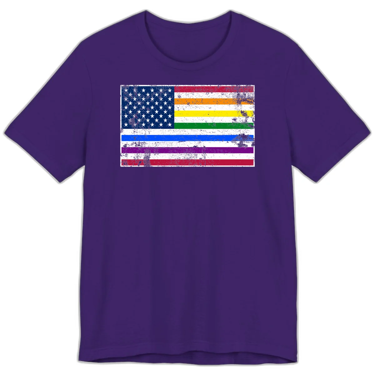Distressed progress pride American flag design featuring traditional stars and stripes combined with rainbow pride colors representing LGBTQ+ inclusion and patriotism in Team Purple