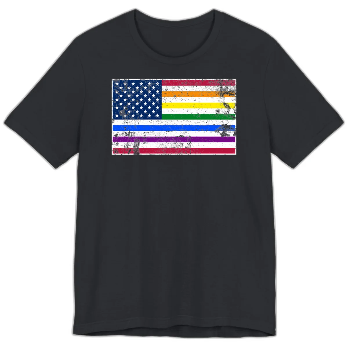 Distressed progress pride American flag design featuring traditional stars and stripes combined with rainbow pride colors representing LGBTQ+ inclusion and patriotism in Vintage Black