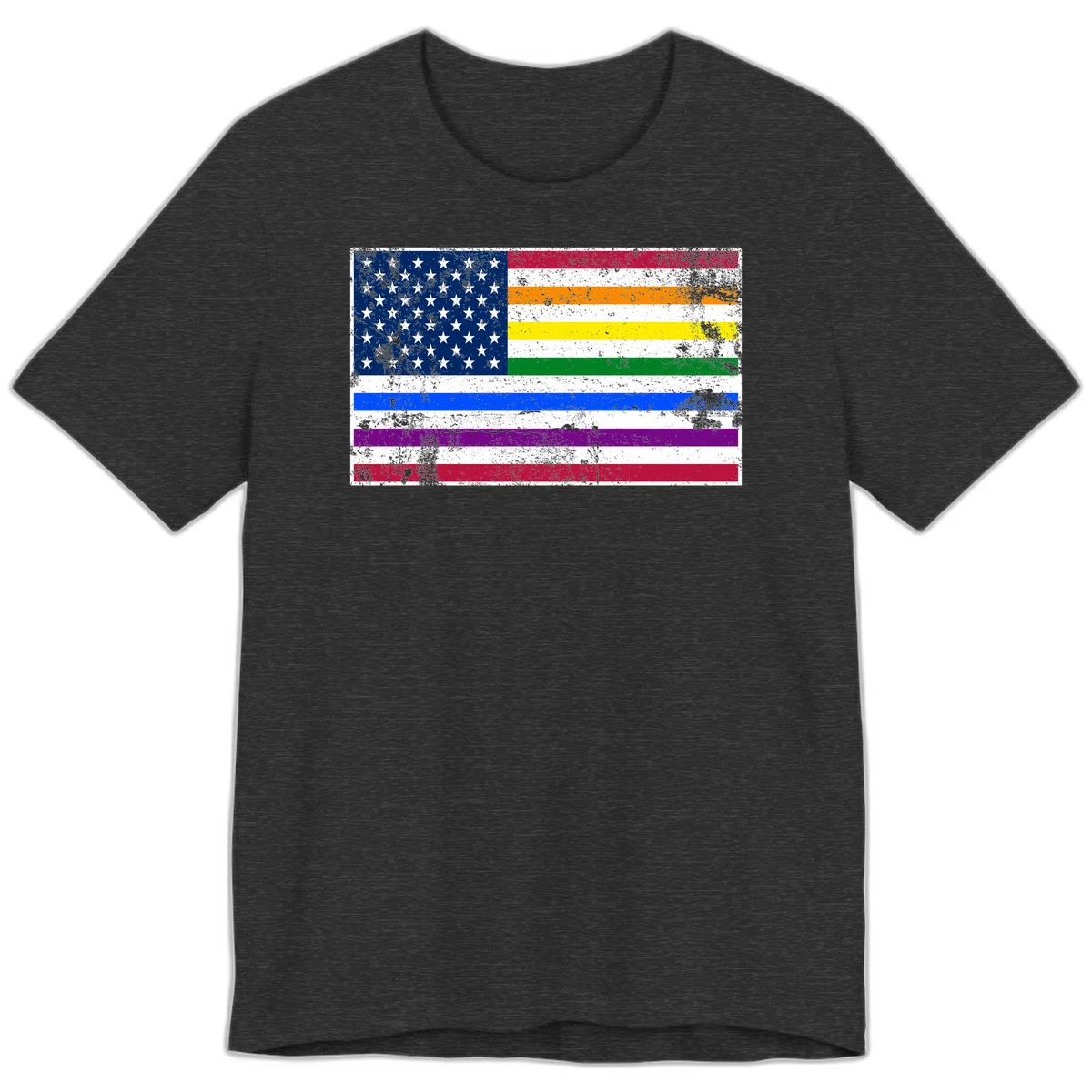Distressed progress pride American flag design featuring traditional stars and stripes combined with rainbow pride colors representing LGBTQ+ inclusion and patriotism in Dark Grey Heather