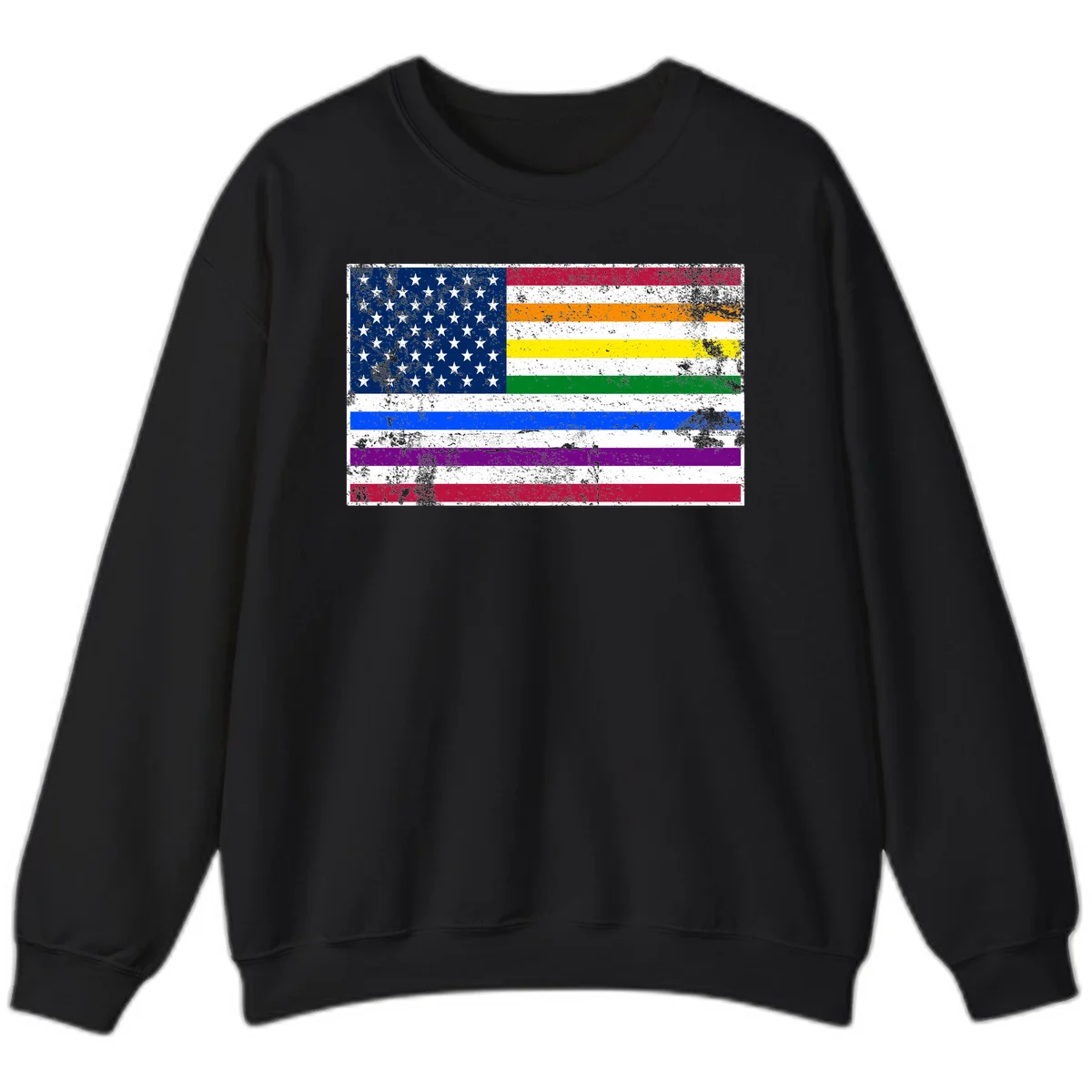 Distressed progress pride American flag design featuring traditional stars and stripes combined with rainbow pride colors representing LGBTQ+ inclusion and patriotism in Black