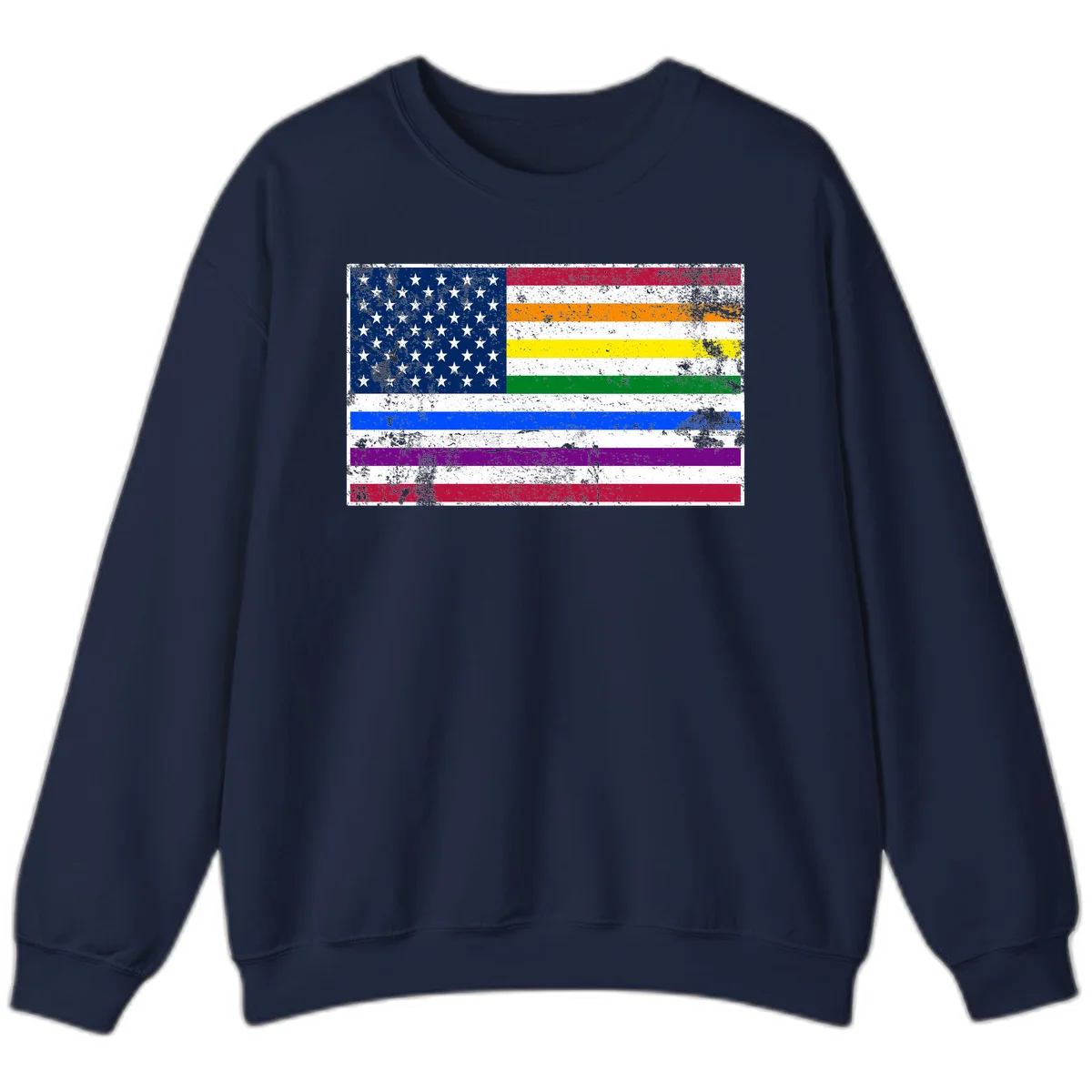 Distressed progress pride American flag design featuring traditional stars and stripes combined with rainbow pride colors representing LGBTQ+ inclusion and patriotism in Navy