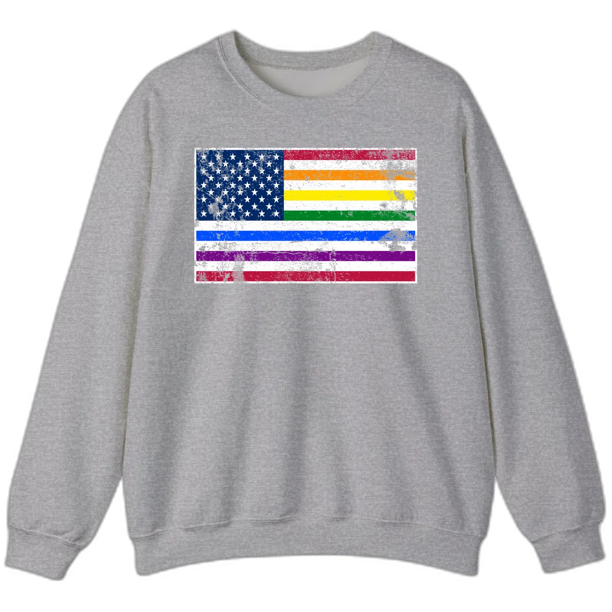 Distressed progress pride American flag design featuring traditional stars and stripes combined with rainbow pride colors representing LGBTQ+ inclusion and patriotism in Sport Grey