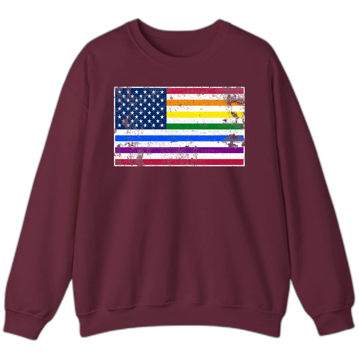 Distressed progress pride American flag design featuring traditional stars and stripes combined with rainbow pride colors representing LGBTQ+ inclusion and patriotism in Maroon