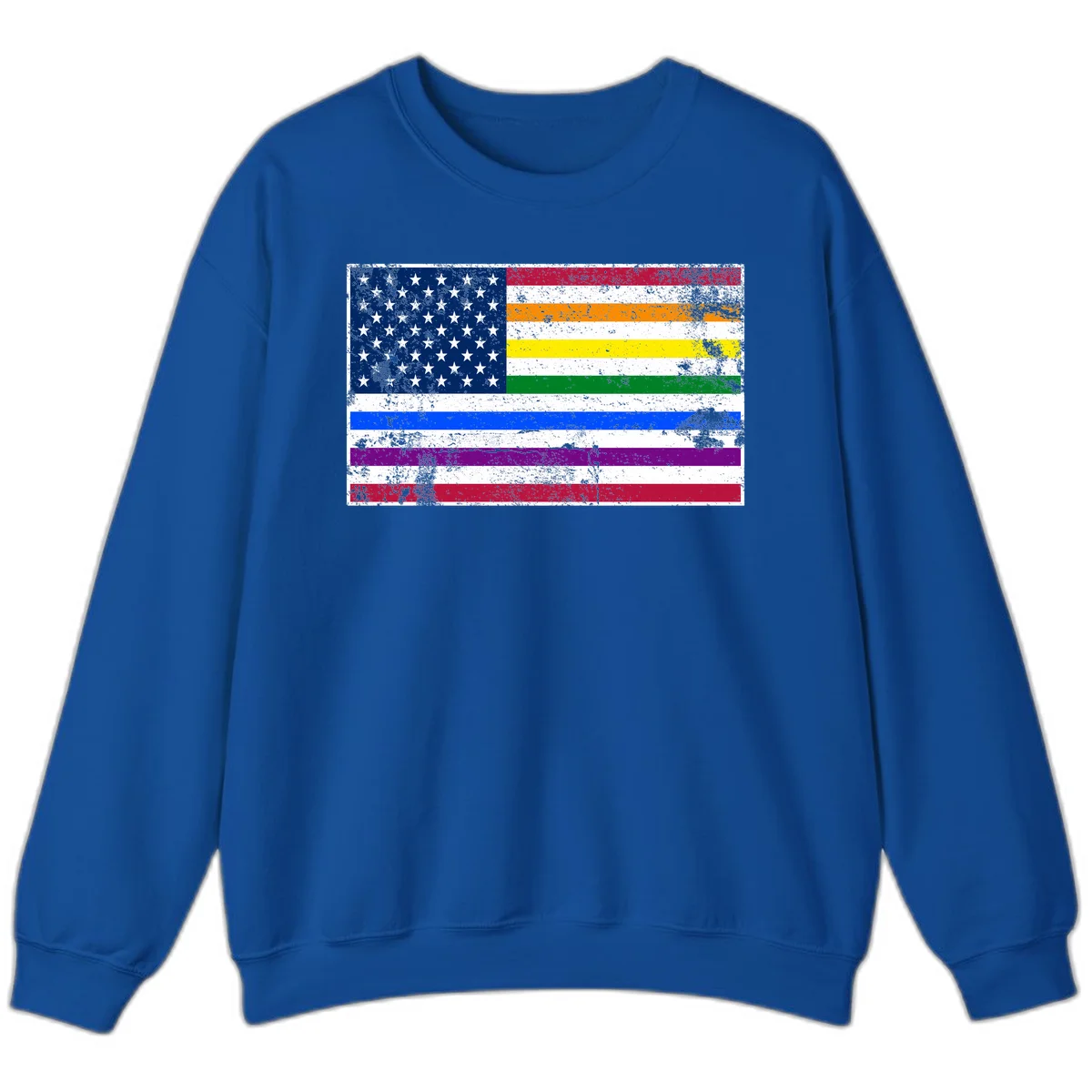 Distressed progress pride American flag design featuring traditional stars and stripes combined with rainbow pride colors representing LGBTQ+ inclusion and patriotism in Royal
