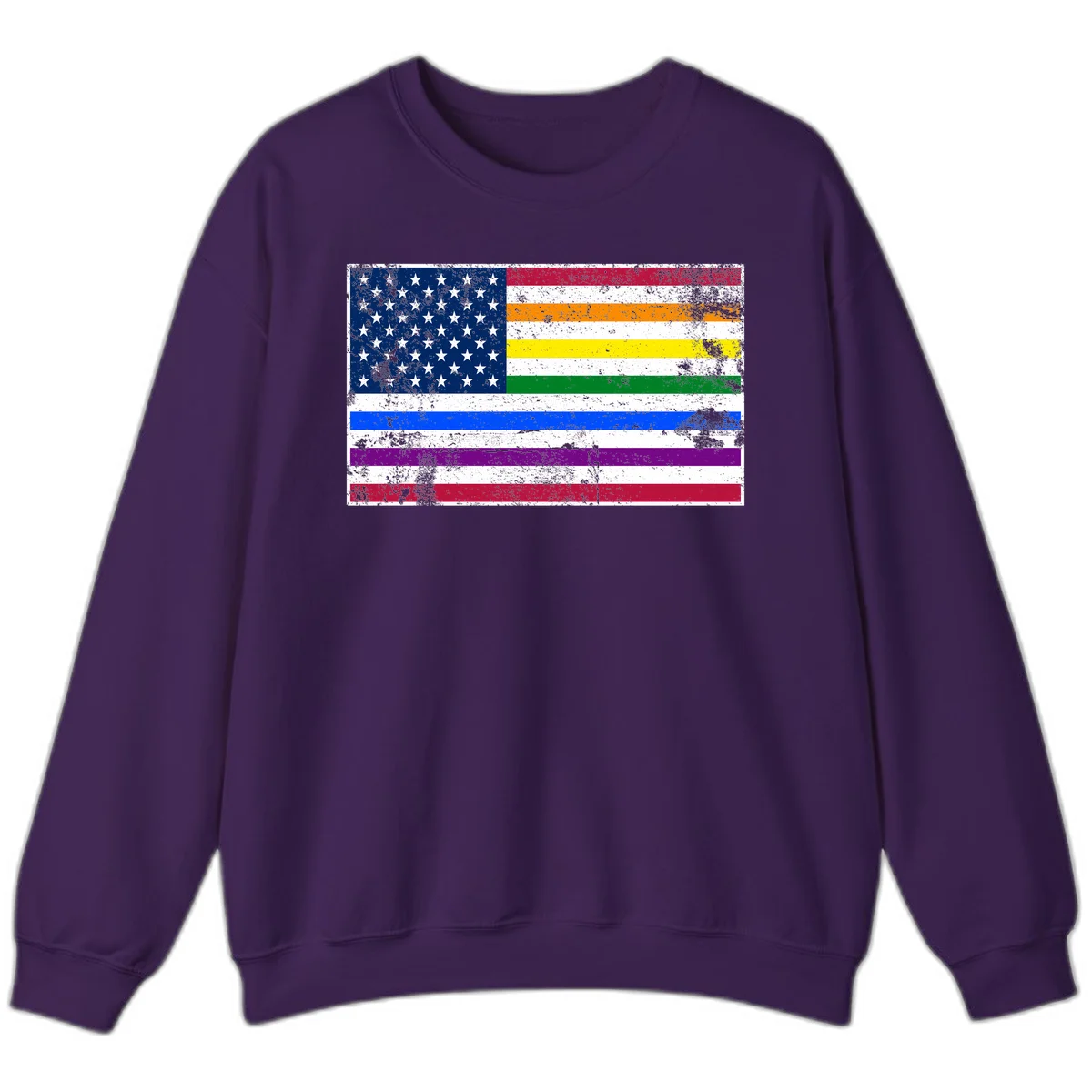 Distressed progress pride American flag design featuring traditional stars and stripes combined with rainbow pride colors representing LGBTQ+ inclusion and patriotism in Purple