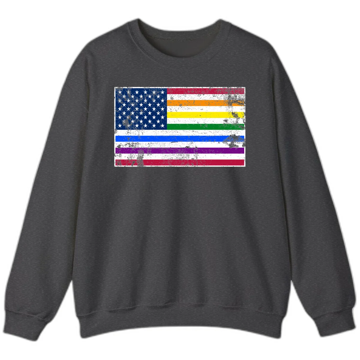 Distressed progress pride American flag design featuring traditional stars and stripes combined with rainbow pride colors representing LGBTQ+ inclusion and patriotism in Dark Heather