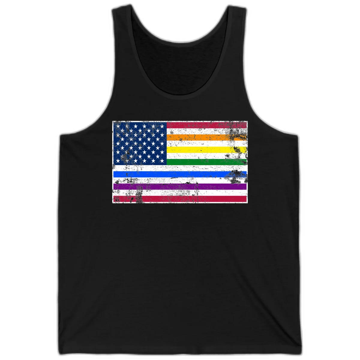 Distressed progress pride American flag design featuring traditional stars and stripes combined with rainbow pride colors representing LGBTQ+ inclusion and patriotism in Black