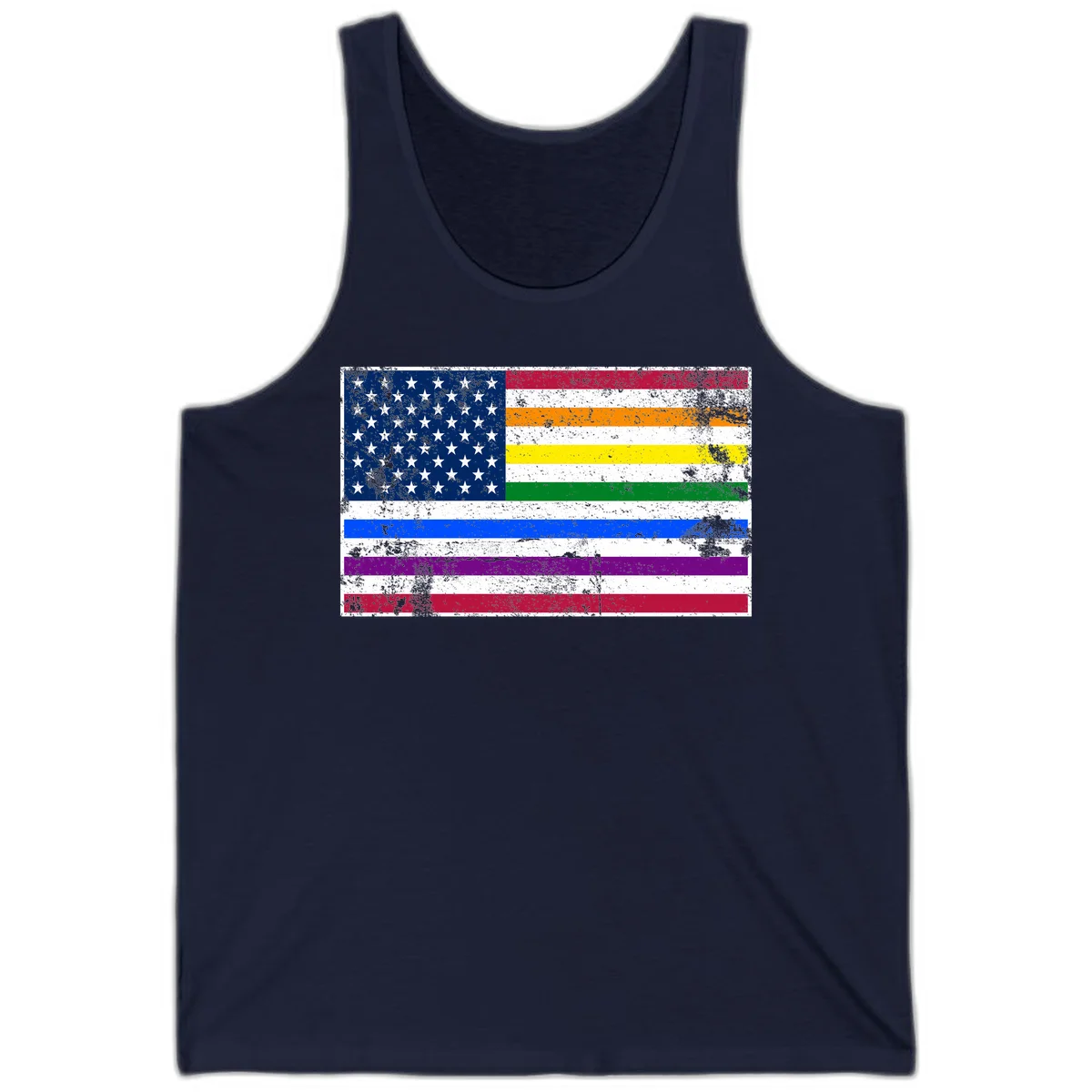 Distressed progress pride American flag design featuring traditional stars and stripes combined with rainbow pride colors representing LGBTQ+ inclusion and patriotism in Navy