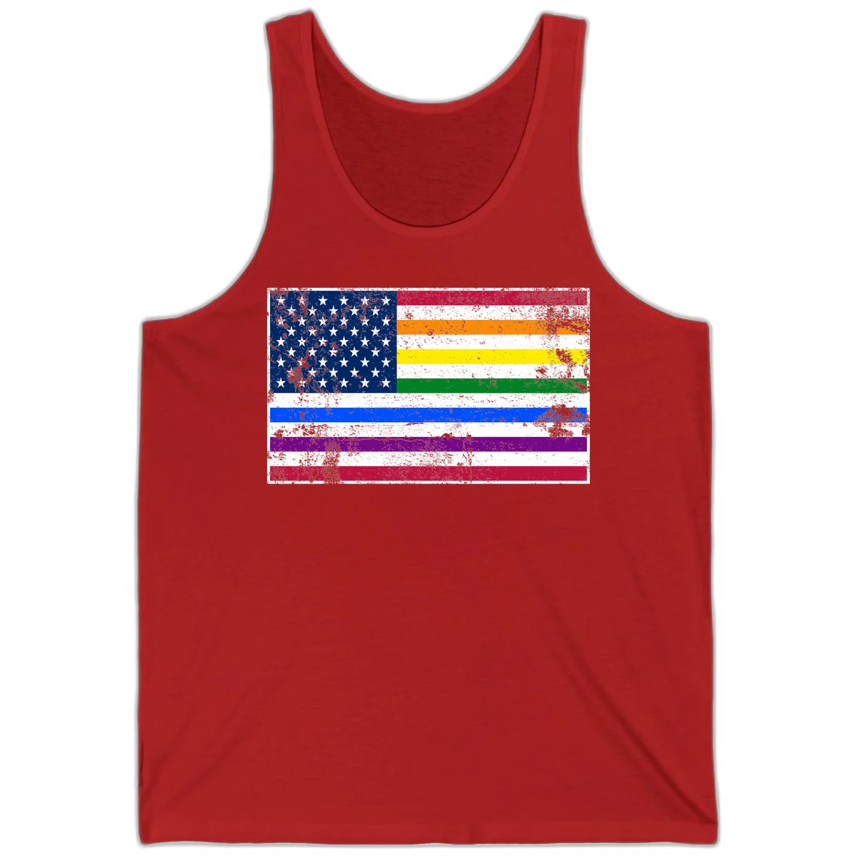 Distressed progress pride American flag design featuring traditional stars and stripes combined with rainbow pride colors representing LGBTQ+ inclusion and patriotism in Red