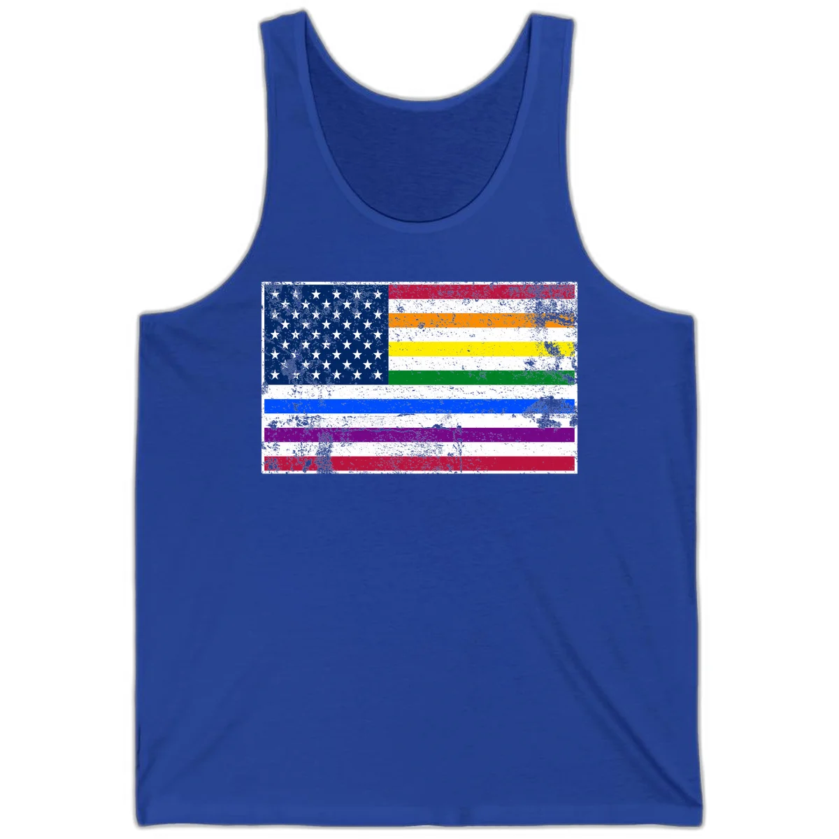 Distressed progress pride American flag design featuring traditional stars and stripes combined with rainbow pride colors representing LGBTQ+ inclusion and patriotism in True Royal