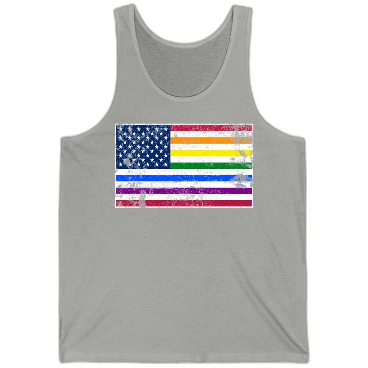 Distressed progress pride American flag design featuring traditional stars and stripes combined with rainbow pride colors representing LGBTQ+ inclusion and patriotism in Athletic Heather