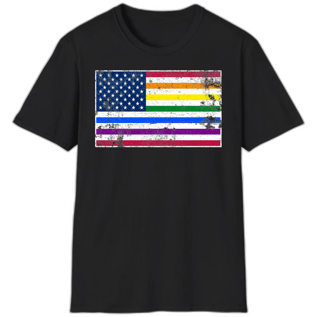 Distressed progress pride American flag design featuring traditional stars and stripes combined with rainbow pride colors representing LGBTQ+ inclusion and patriotism in Black