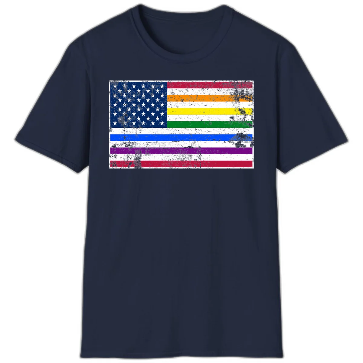 Distressed progress pride American flag design featuring traditional stars and stripes combined with rainbow pride colors representing LGBTQ+ inclusion and patriotism in Navy