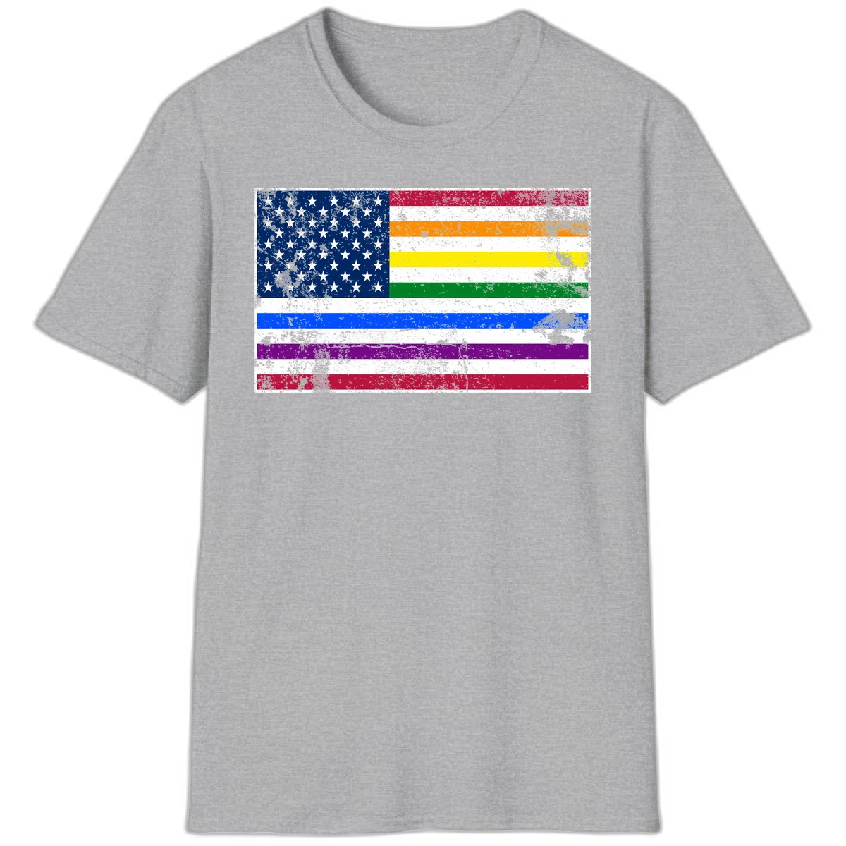 Distressed progress pride American flag design featuring traditional stars and stripes combined with rainbow pride colors representing LGBTQ+ inclusion and patriotism in Sport Grey