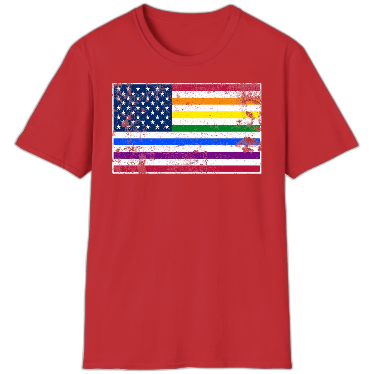 Distressed progress pride American flag design featuring traditional stars and stripes combined with rainbow pride colors representing LGBTQ+ inclusion and patriotism in Red