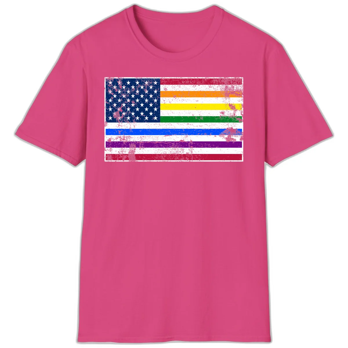 Distressed progress pride American flag design featuring traditional stars and stripes combined with rainbow pride colors representing LGBTQ+ inclusion and patriotism in Heliconia