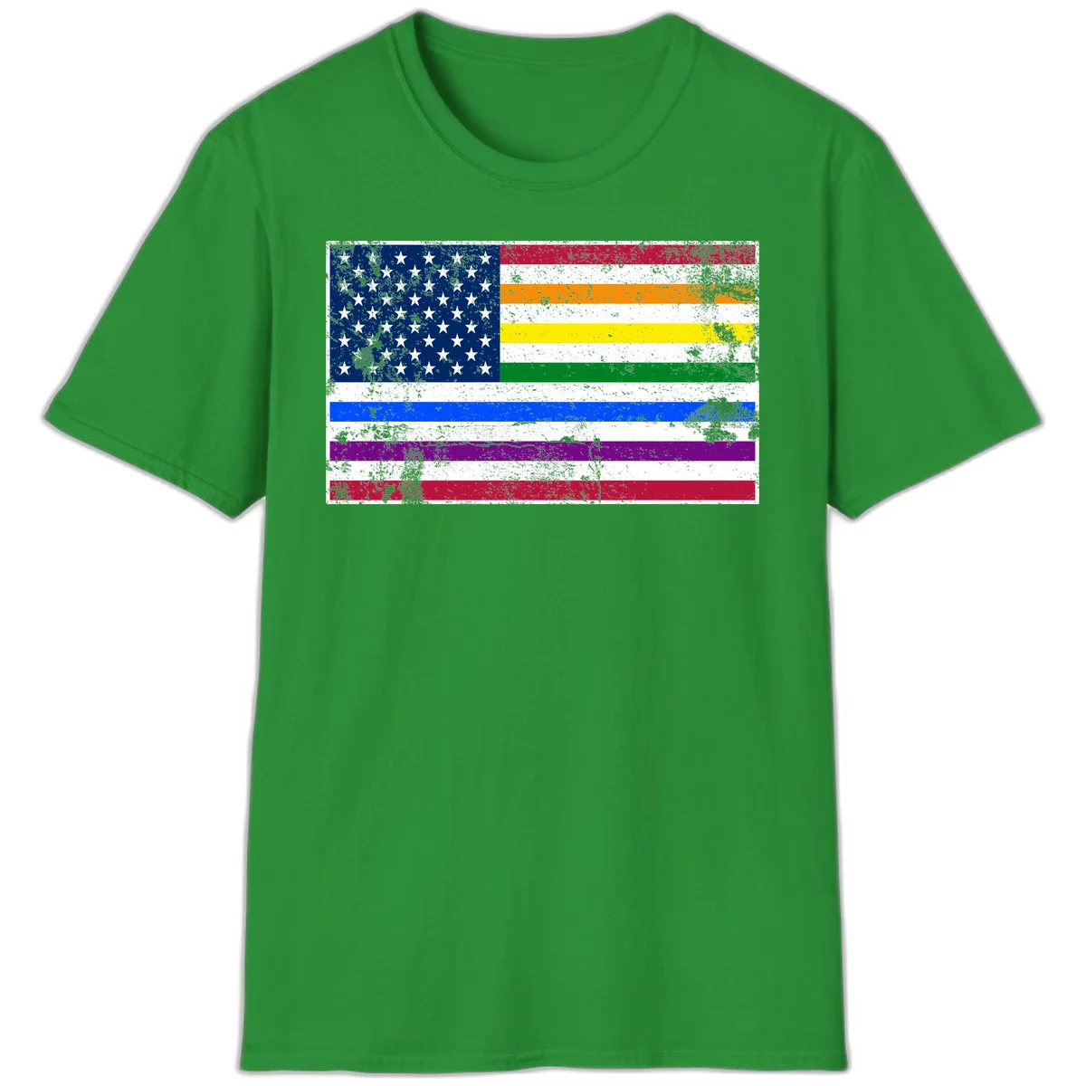 Distressed progress pride American flag design featuring traditional stars and stripes combined with rainbow pride colors representing LGBTQ+ inclusion and patriotism in Irish Green