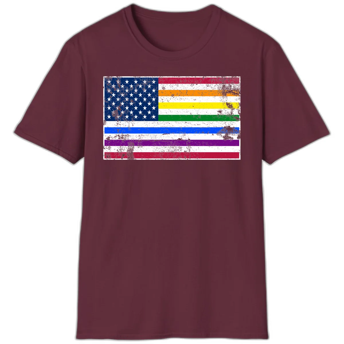 Distressed progress pride American flag design featuring traditional stars and stripes combined with rainbow pride colors representing LGBTQ+ inclusion and patriotism in Maroon