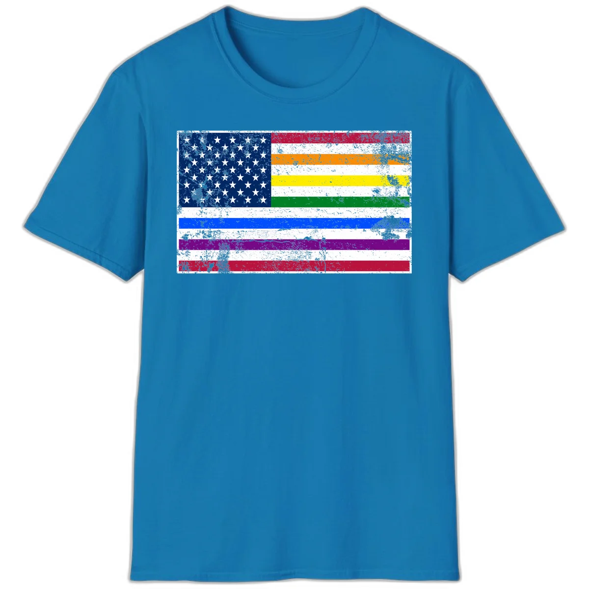 Distressed progress pride American flag design featuring traditional stars and stripes combined with rainbow pride colors representing LGBTQ+ inclusion and patriotism in Sapphire