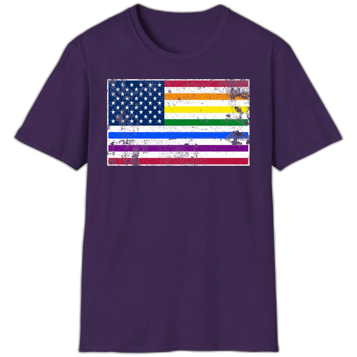 Distressed progress pride American flag design featuring traditional stars and stripes combined with rainbow pride colors representing LGBTQ+ inclusion and patriotism in Purple