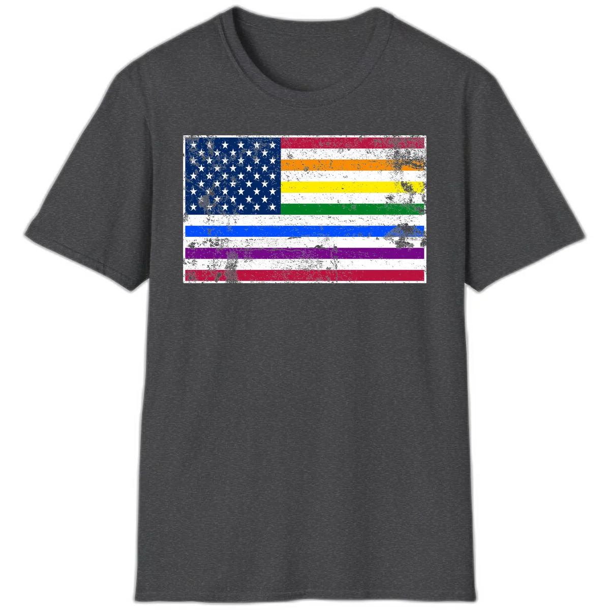 Distressed progress pride American flag design featuring traditional stars and stripes combined with rainbow pride colors representing LGBTQ+ inclusion and patriotism in Dark Heather