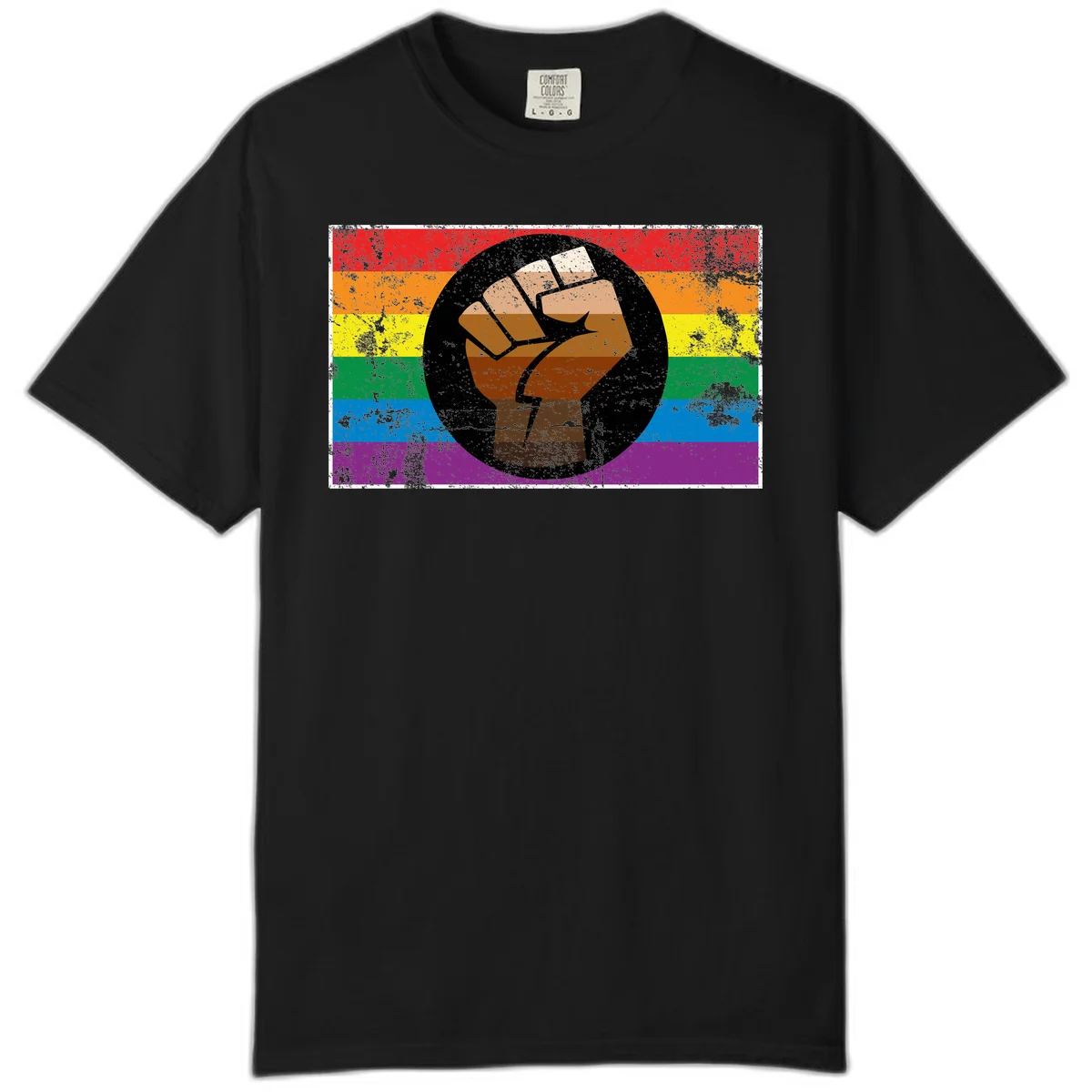 Distressed circular badge featuring a raised brown fist overlaid on a rainbow pride flag background, symbolizing LGBTQ+ solidarity and empowerment in Black