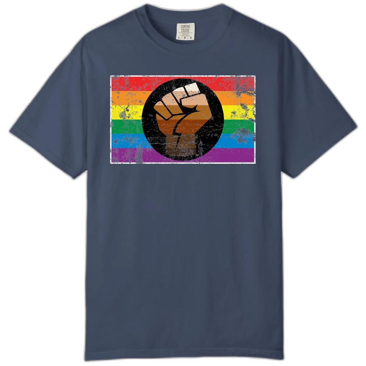 Distressed circular badge featuring a raised brown fist overlaid on a rainbow pride flag background, symbolizing LGBTQ+ solidarity and empowerment in Midnight