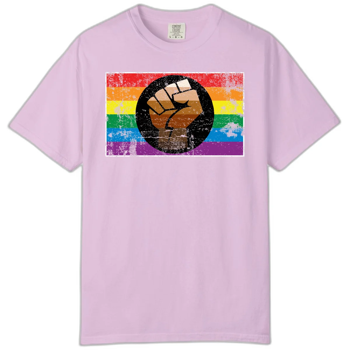 Distressed circular badge featuring a raised brown fist overlaid on a rainbow pride flag background, symbolizing LGBTQ+ solidarity and empowerment in Orchid