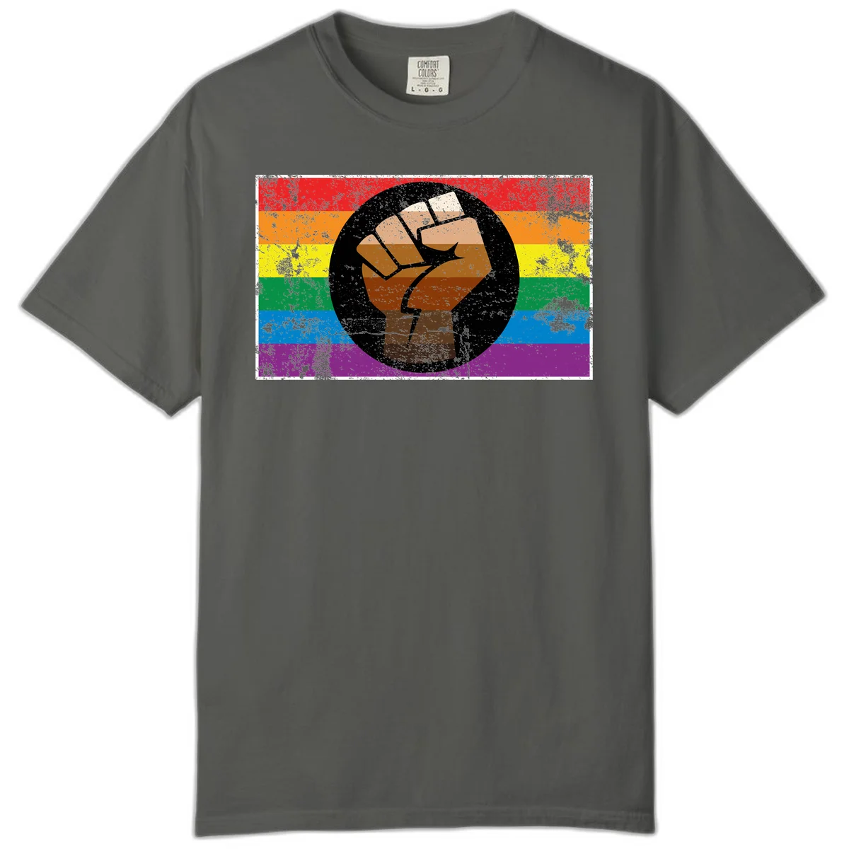 Distressed circular badge featuring a raised brown fist overlaid on a rainbow pride flag background, symbolizing LGBTQ+ solidarity and empowerment in Pepper