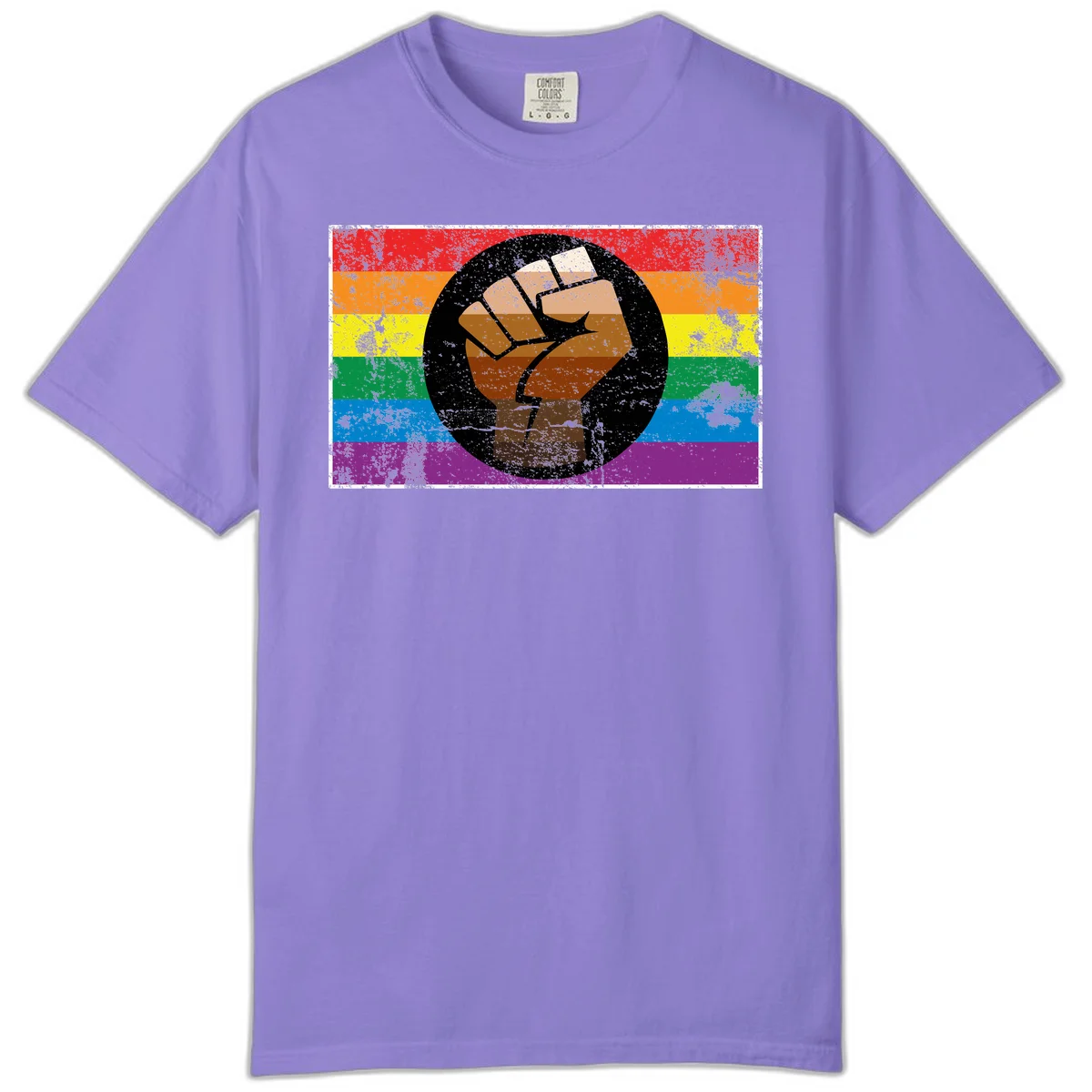 Distressed circular badge featuring a raised brown fist overlaid on a rainbow pride flag background, symbolizing LGBTQ+ solidarity and empowerment in Violet
