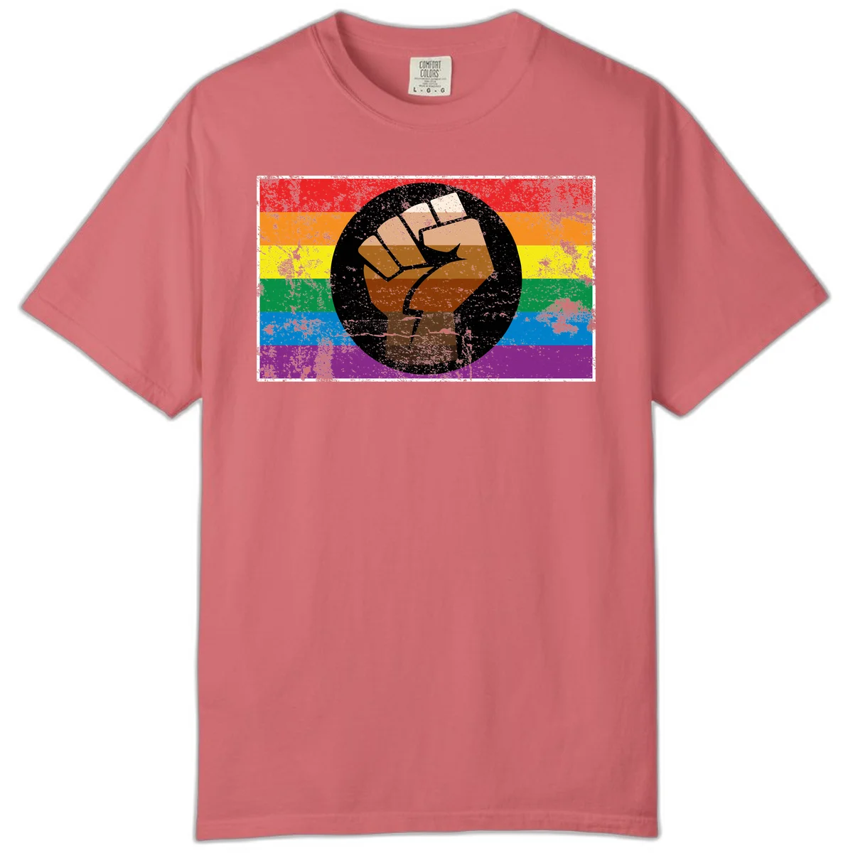 Distressed circular badge featuring a raised brown fist overlaid on a rainbow pride flag background, symbolizing LGBTQ+ solidarity and empowerment in Watermelon