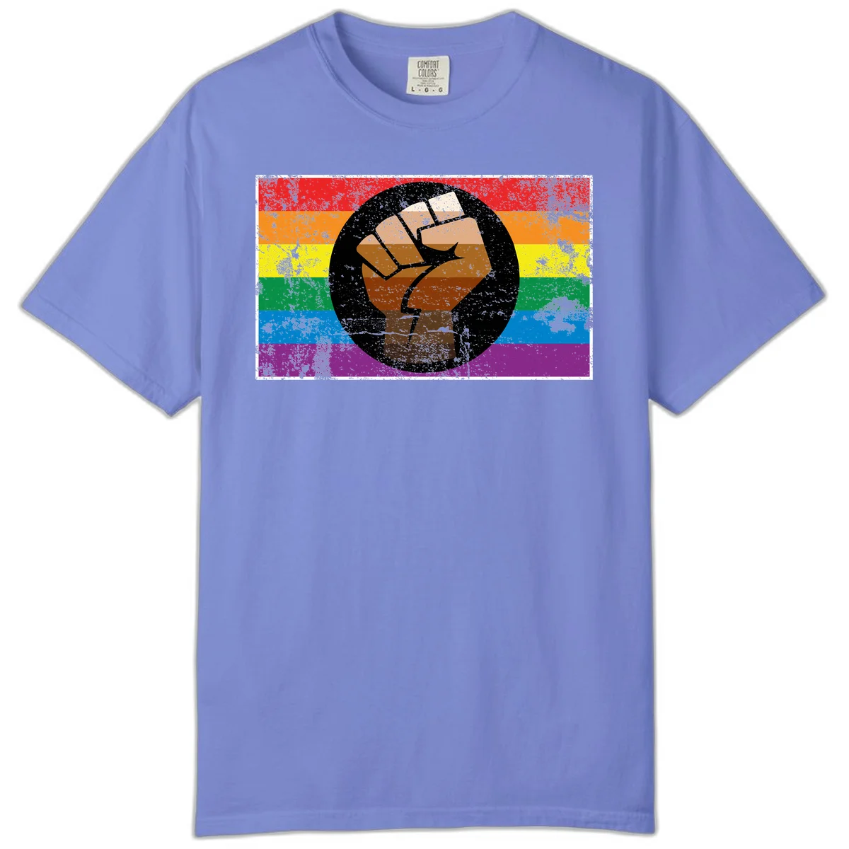 Distressed circular badge featuring a raised brown fist overlaid on a rainbow pride flag background, symbolizing LGBTQ+ solidarity and empowerment in Flo Blue