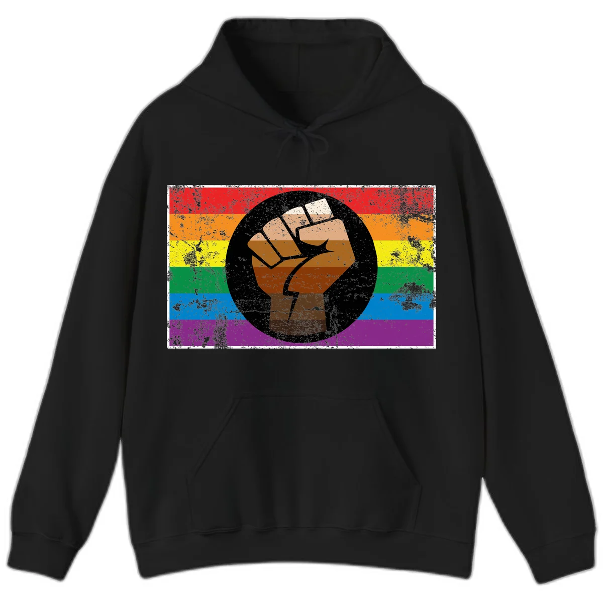 Distressed circular badge featuring a raised brown fist overlaid on a rainbow pride flag background, symbolizing LGBTQ+ solidarity and empowerment in Black