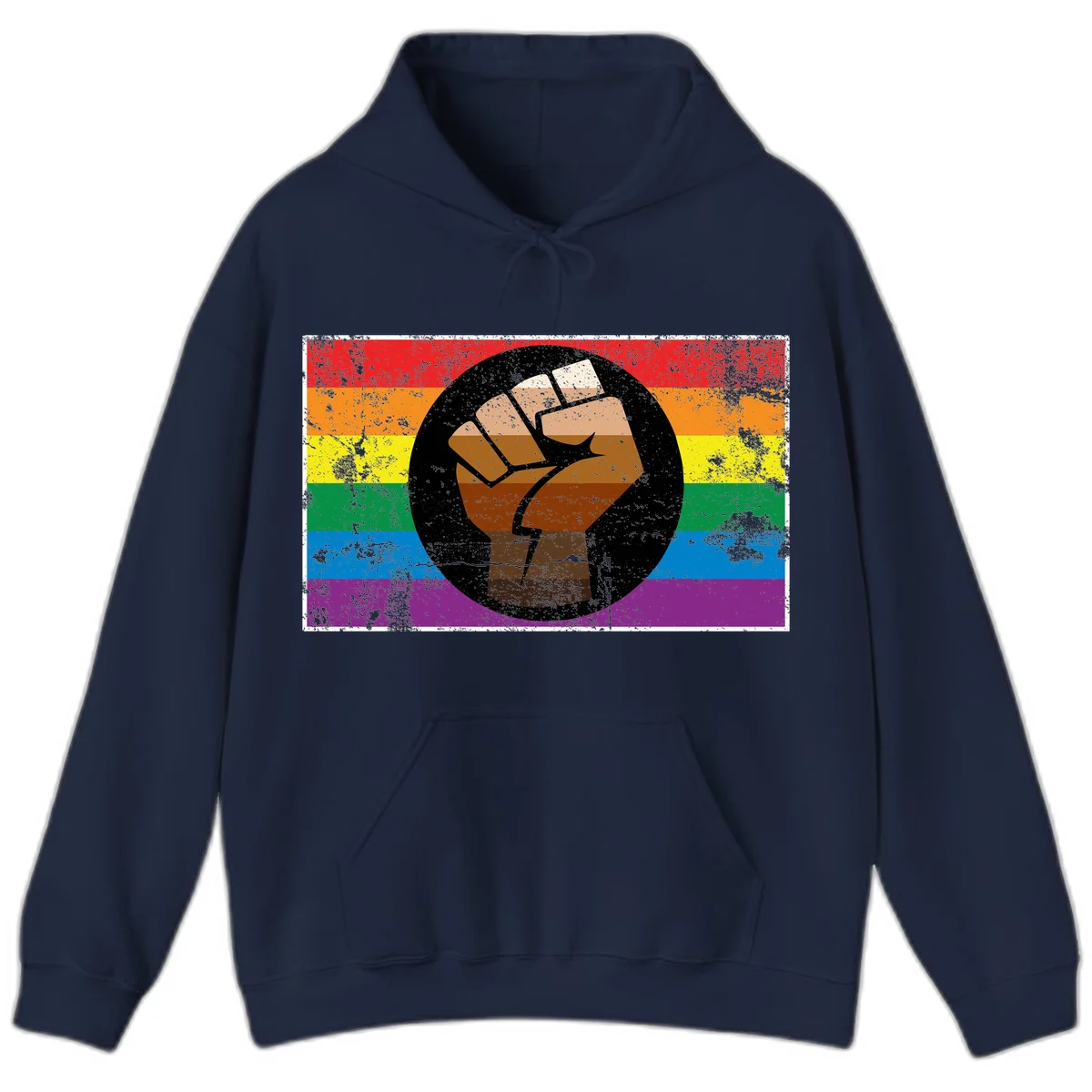 Distressed circular badge featuring a raised brown fist overlaid on a rainbow pride flag background, symbolizing LGBTQ+ solidarity and empowerment in Navy