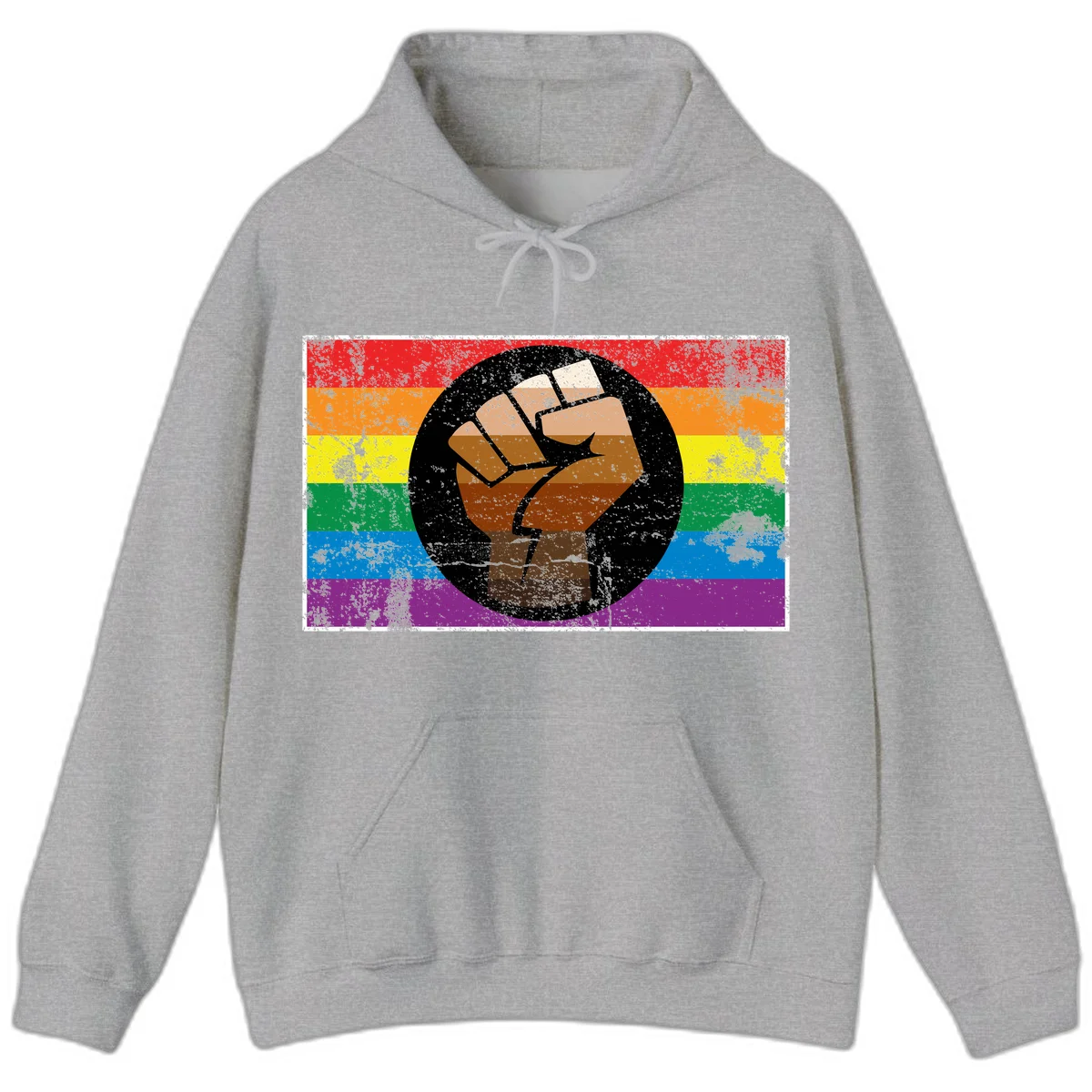 Distressed circular badge featuring a raised brown fist overlaid on a rainbow pride flag background, symbolizing LGBTQ+ solidarity and empowerment in Sport Grey