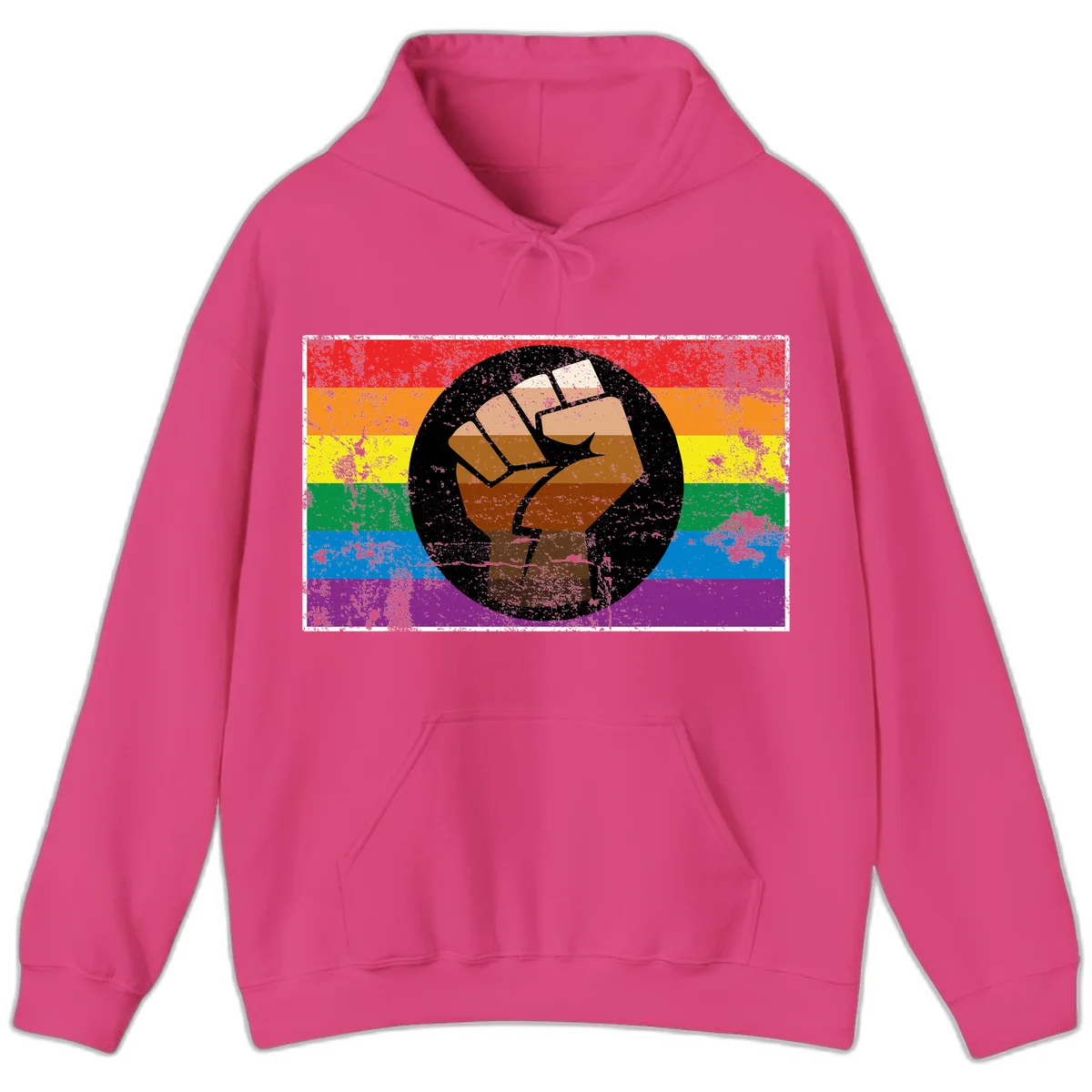 Distressed circular badge featuring a raised brown fist overlaid on a rainbow pride flag background, symbolizing LGBTQ+ solidarity and empowerment in Heliconia