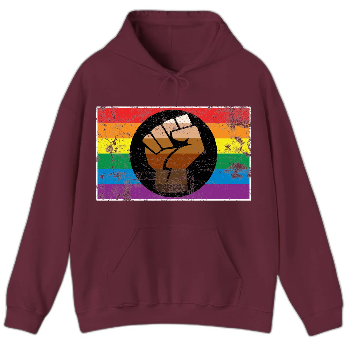 Distressed circular badge featuring a raised brown fist overlaid on a rainbow pride flag background, symbolizing LGBTQ+ solidarity and empowerment in Maroon