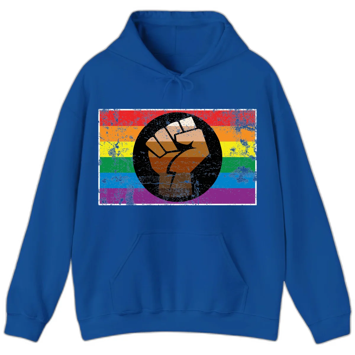Distressed circular badge featuring a raised brown fist overlaid on a rainbow pride flag background, symbolizing LGBTQ+ solidarity and empowerment in Royal