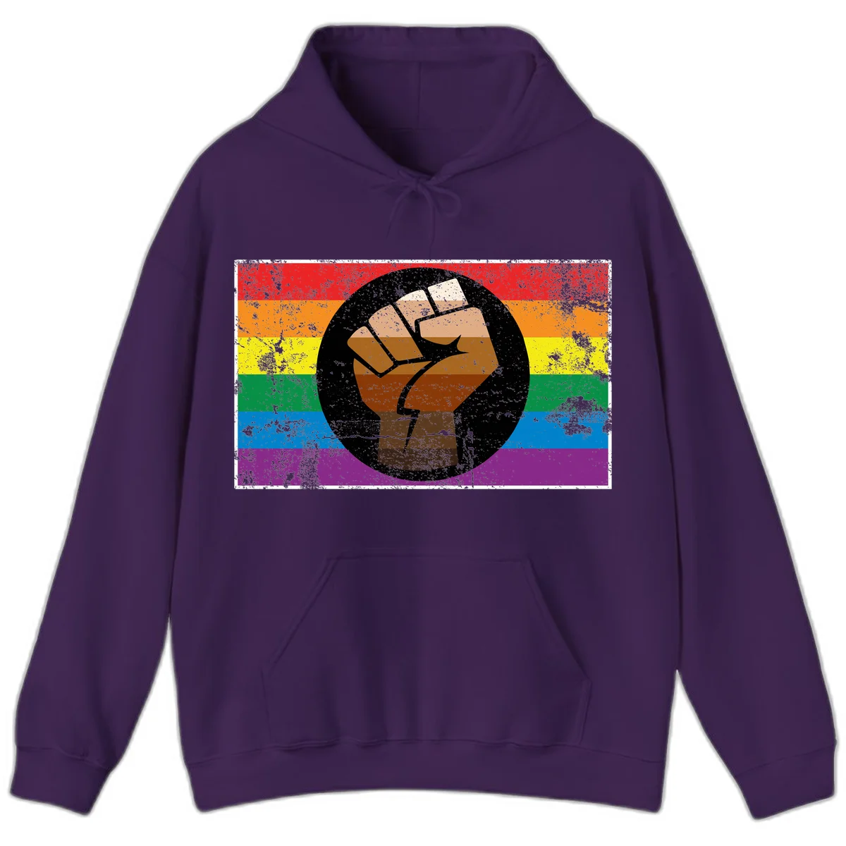 Distressed circular badge featuring a raised brown fist overlaid on a rainbow pride flag background, symbolizing LGBTQ+ solidarity and empowerment in Purple