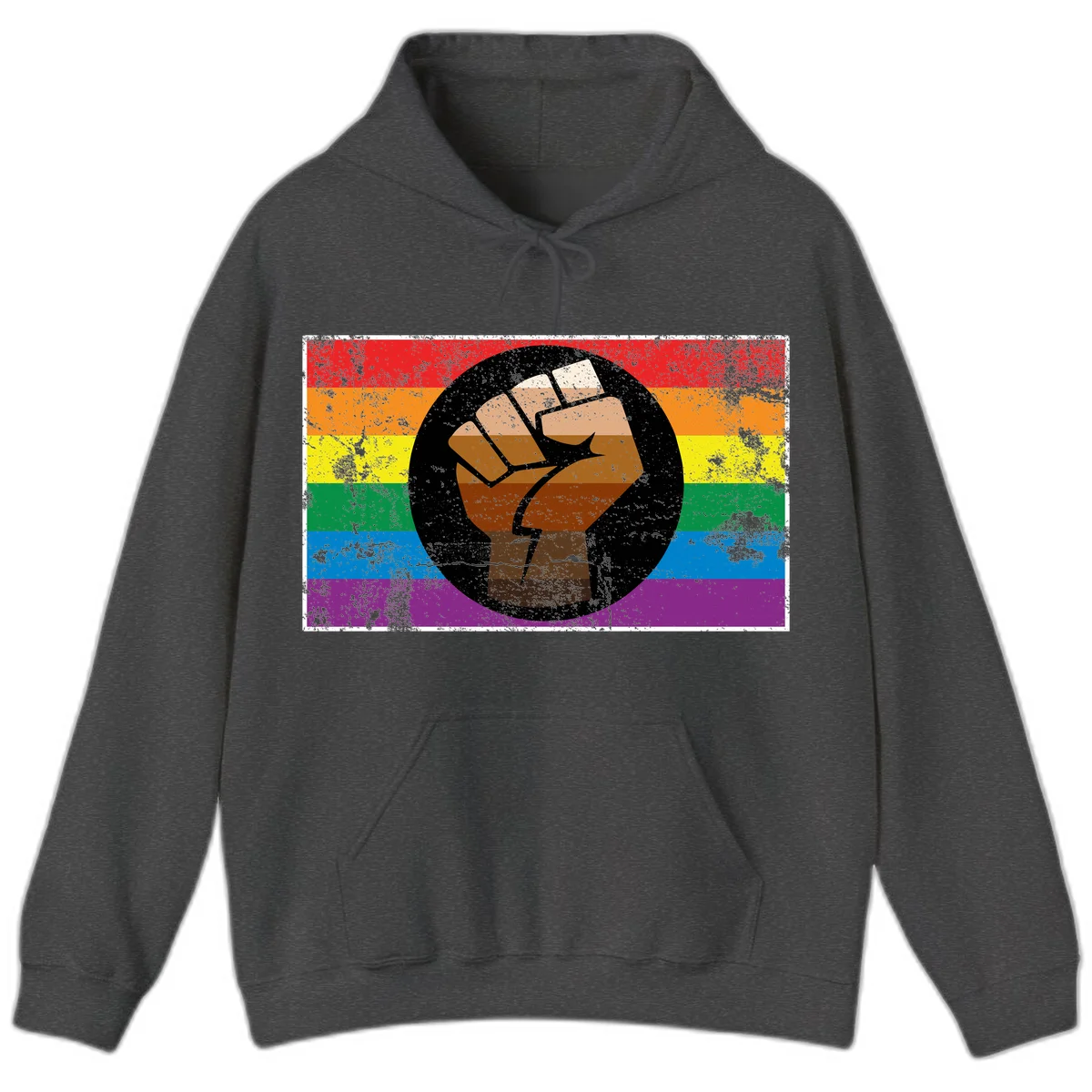 Distressed circular badge featuring a raised brown fist overlaid on a rainbow pride flag background, symbolizing LGBTQ+ solidarity and empowerment in Dark Heather