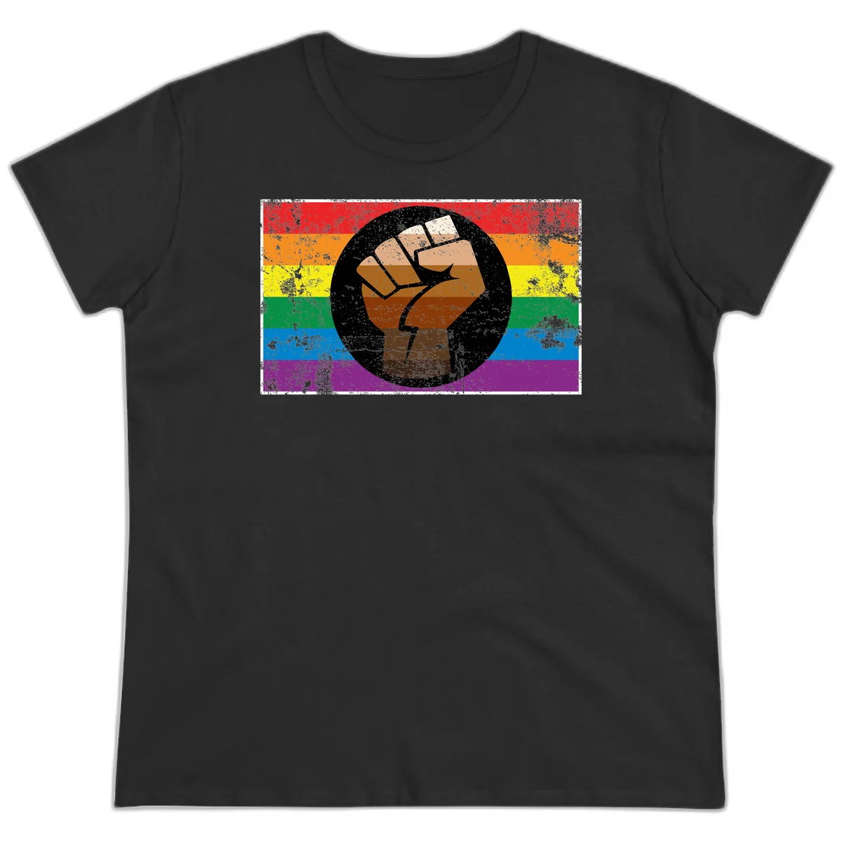 Distressed circular badge featuring a raised brown fist overlaid on a rainbow pride flag background, symbolizing LGBTQ+ solidarity and empowerment in Black
