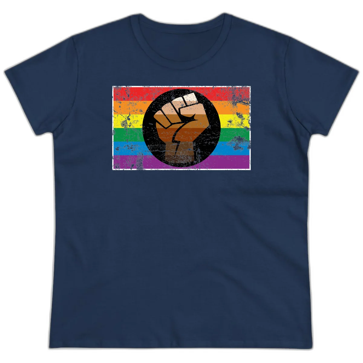 Distressed circular badge featuring a raised brown fist overlaid on a rainbow pride flag background, symbolizing LGBTQ+ solidarity and empowerment in Navy