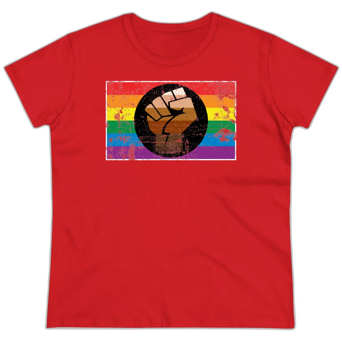 Distressed circular badge featuring a raised brown fist overlaid on a rainbow pride flag background, symbolizing LGBTQ+ solidarity and empowerment in Red