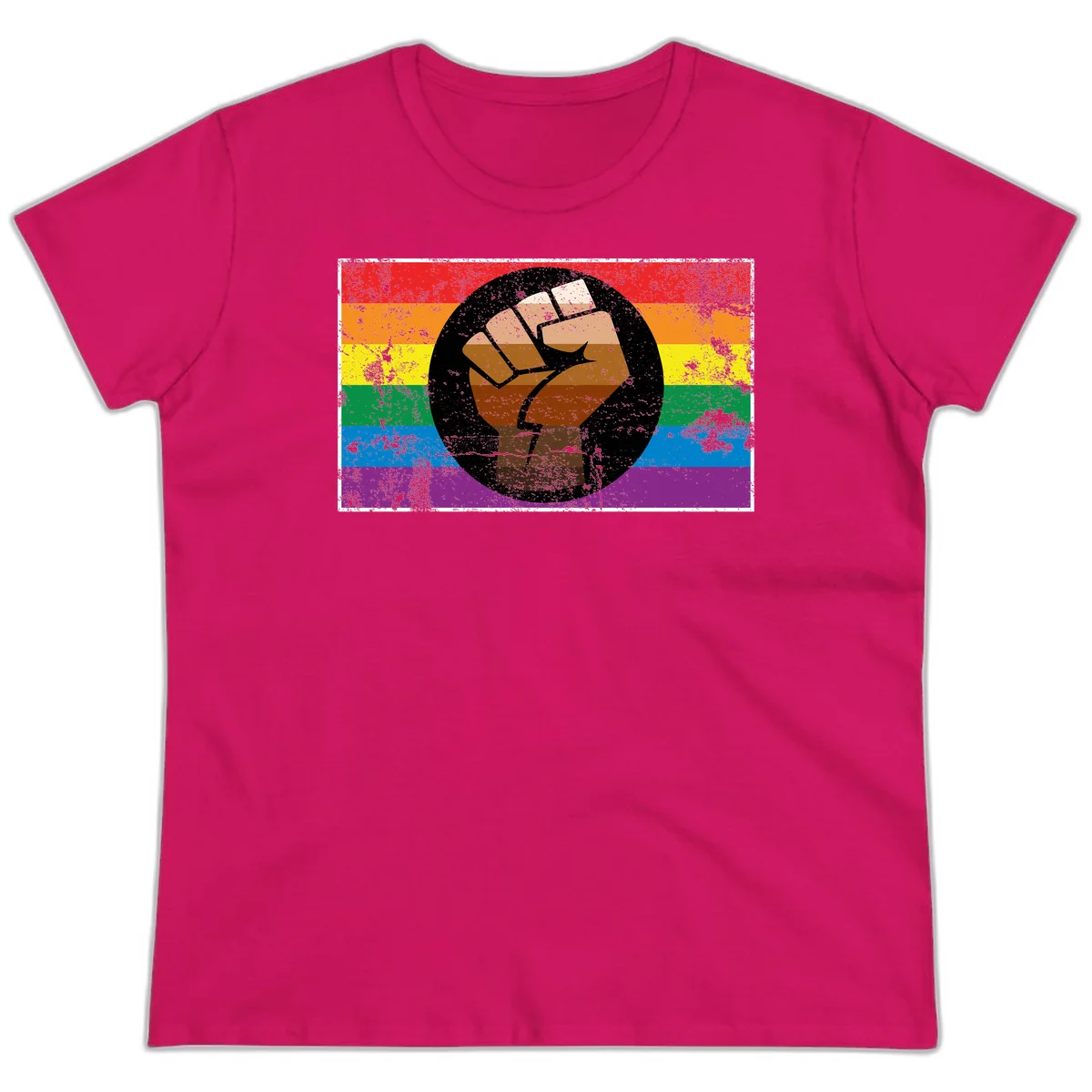 Distressed circular badge featuring a raised brown fist overlaid on a rainbow pride flag background, symbolizing LGBTQ+ solidarity and empowerment in Heliconia