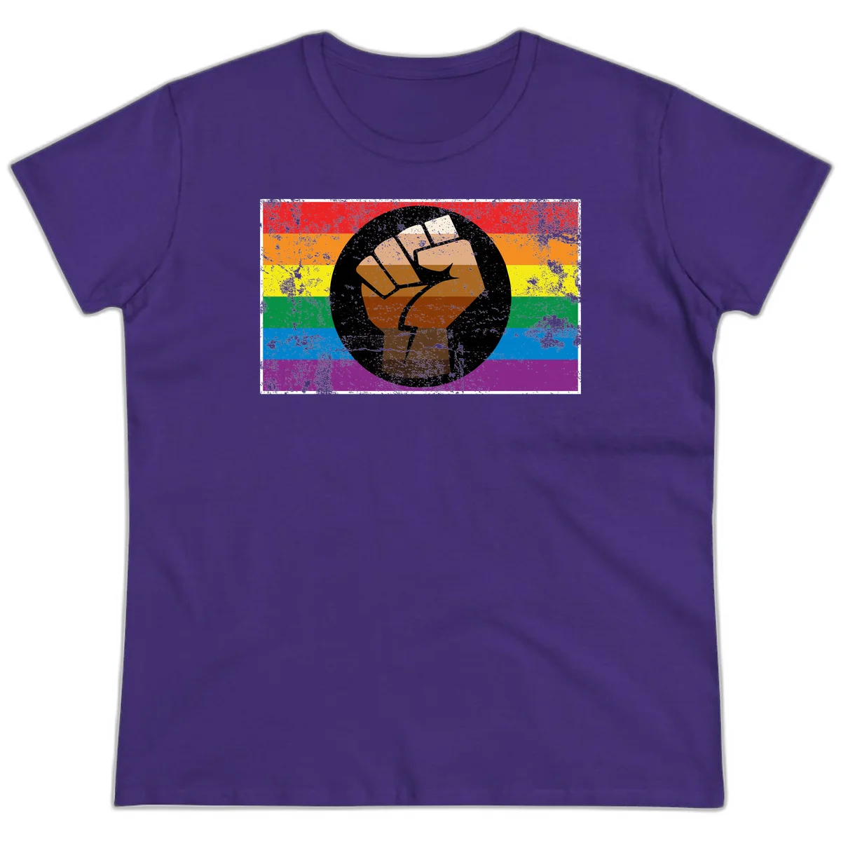 Distressed circular badge featuring a raised brown fist overlaid on a rainbow pride flag background, symbolizing LGBTQ+ solidarity and empowerment in Purple