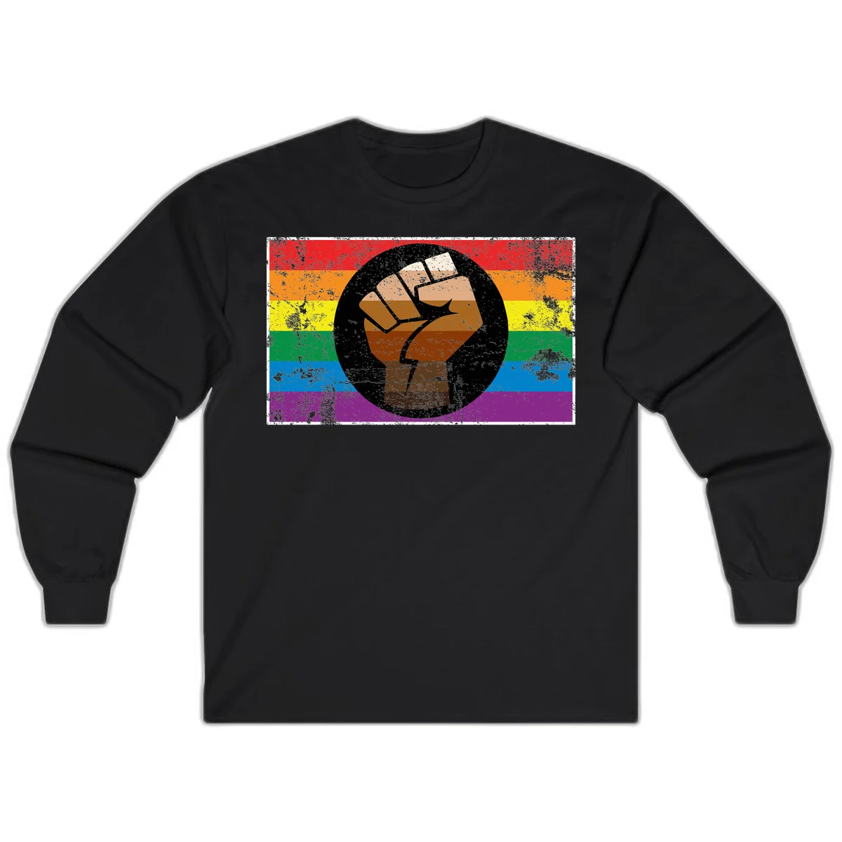 Distressed circular badge featuring a raised brown fist overlaid on a rainbow pride flag background, symbolizing LGBTQ+ solidarity and empowerment in Black
