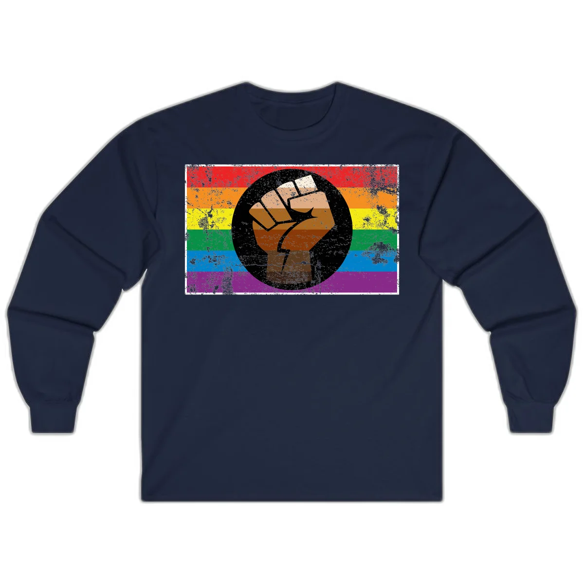 Distressed circular badge featuring a raised brown fist overlaid on a rainbow pride flag background, symbolizing LGBTQ+ solidarity and empowerment in Navy
