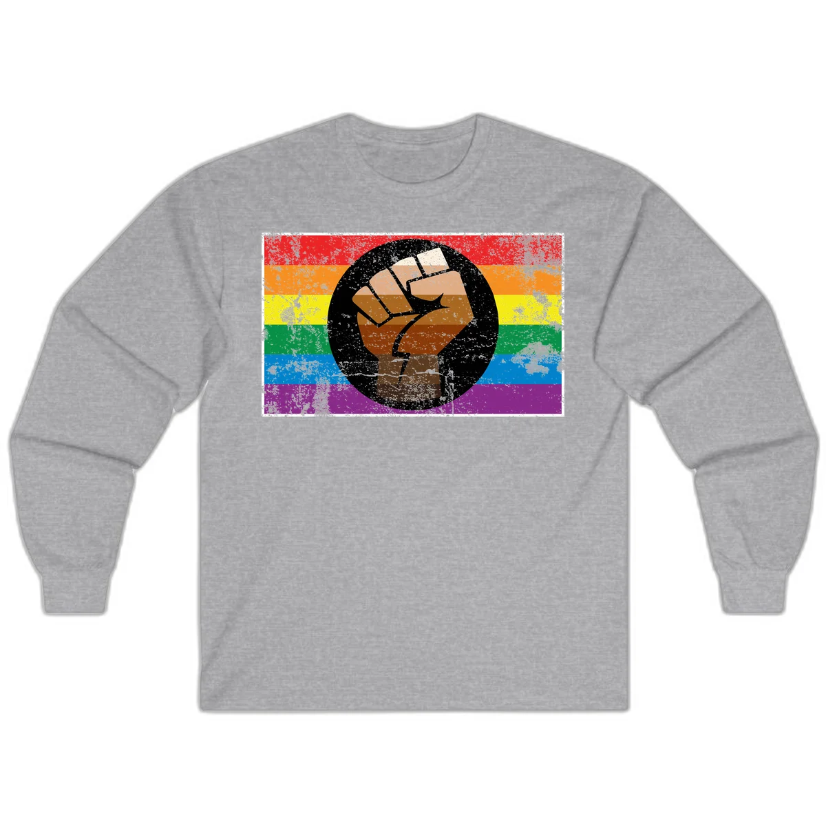 Distressed circular badge featuring a raised brown fist overlaid on a rainbow pride flag background, symbolizing LGBTQ+ solidarity and empowerment in Sport Grey
