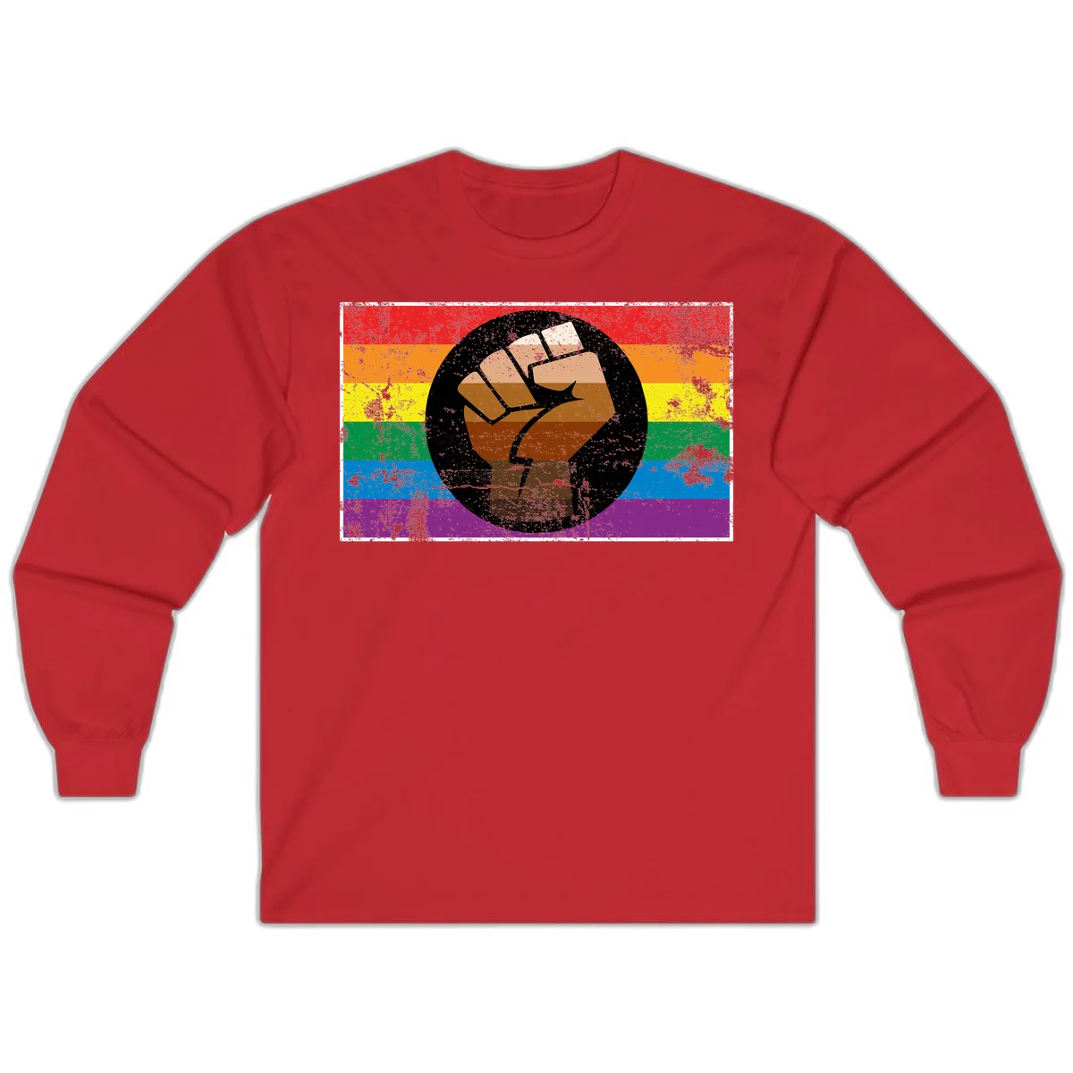 Distressed circular badge featuring a raised brown fist overlaid on a rainbow pride flag background, symbolizing LGBTQ+ solidarity and empowerment in Red